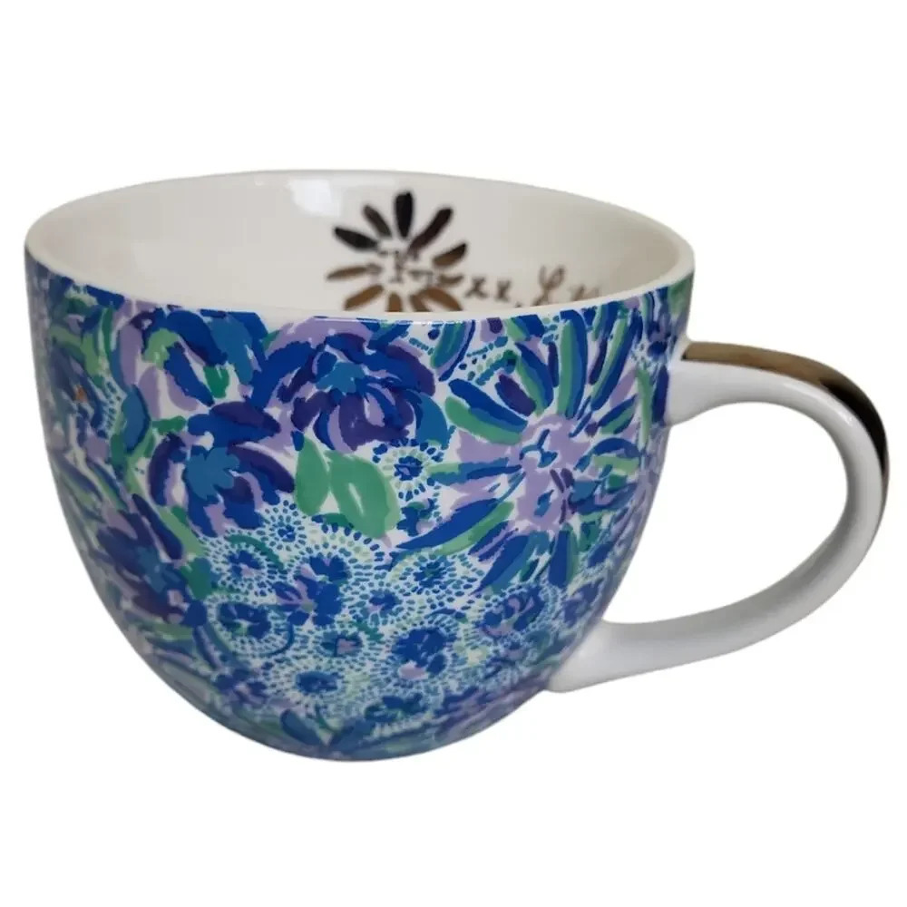Lilly Pulitzer Ceramic Mugs  Blue Floral Gold 12 Oz Coffee Tea Cups
